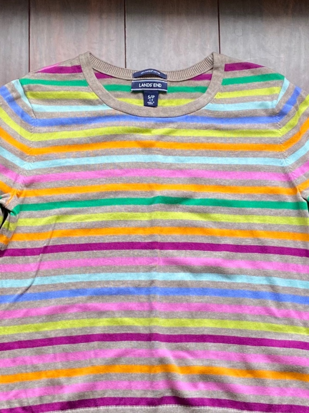 LANDS’ END Girl Pullover 100% Supima Cotton Gray Rainbow Multicolor Stripes 6-8